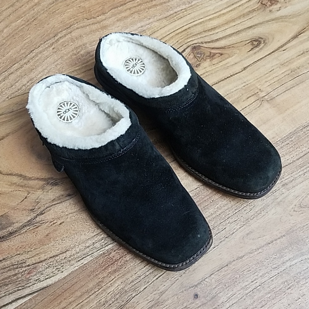 UGG Black Suede Mules with Cream Lining - Picture 2 of 8